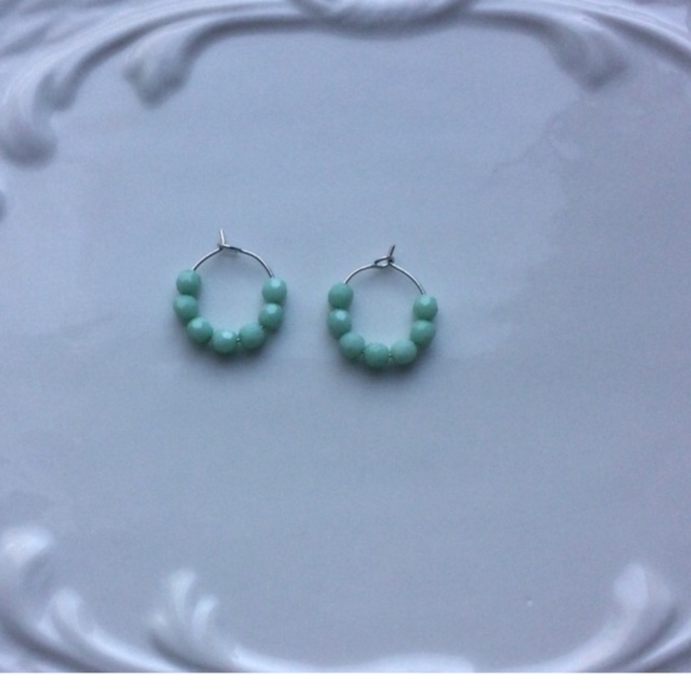 Tiny Silver Hoops With Pale Aqua Faceted Beads